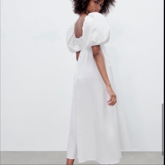 ZARA DRAPED WHITE PUFF SLEEVE DRESS 100% COTTON - Picture 3 of 4